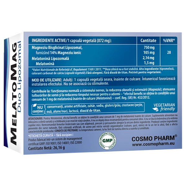 MelatoMag 3 MelatoMag Cosmopharm Melatonina si Magneziu Duo Lipozomal pentru somn odihnitor