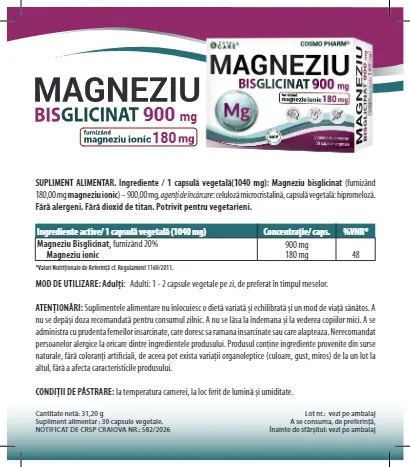 Magneziu Bisglicinat, 900 mg, 30 capsule vegetale 5 Prospect Magneziu Bisglicinat 900 magneziu ionic 18023.07.2026 1 1