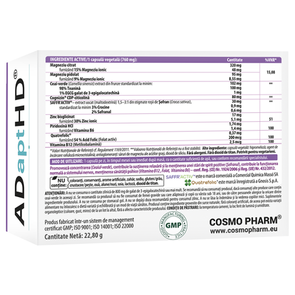 ADaptHD®, Funcție cognitivă și sănătate psihică, 30 capsule vegetale 3 ADaptHD supliement naturist pentru funcție cognitivă și sănătate psihică